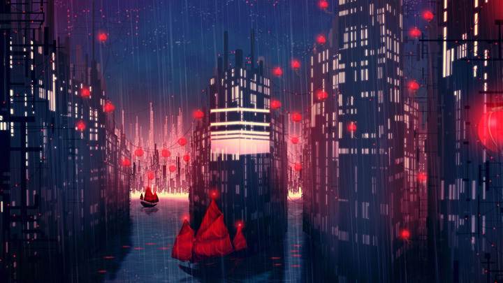 Rainy Red City Night Scene